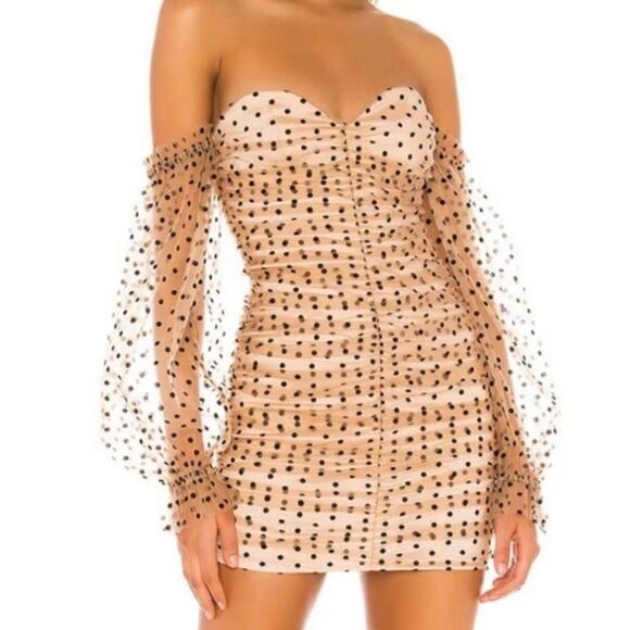 Majorelle Revolve mini dress polka dot black nude ruching size small - Picture 1 of 12